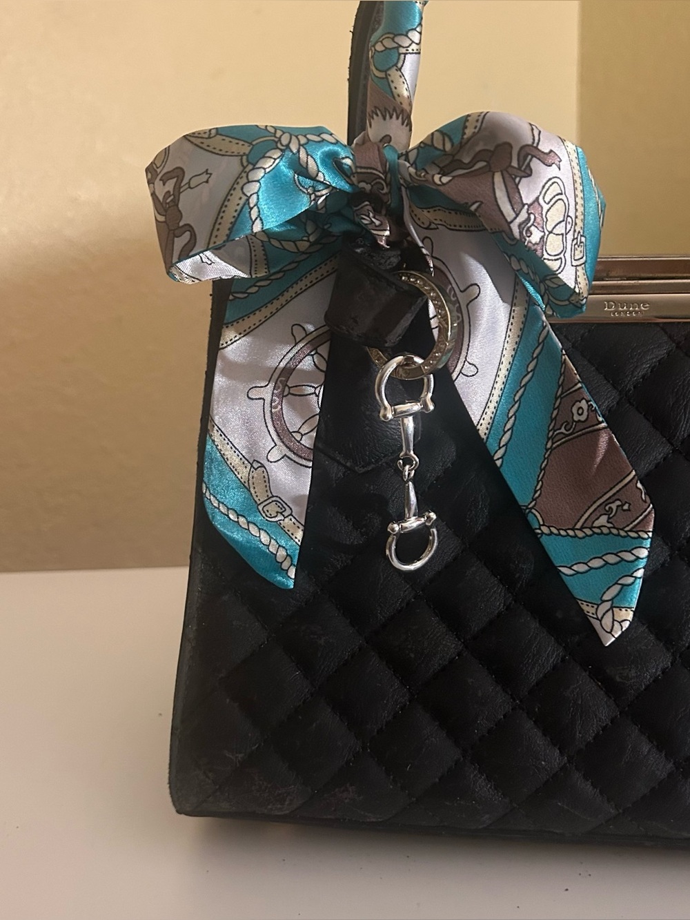 Twilly Silk Women Handbag Headband Neck Scarf Turquoise Blue Gray w/ White Polka